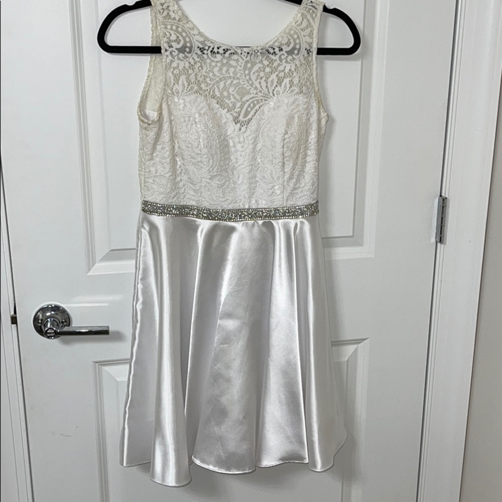 lace top with rinestone band and silk bottom